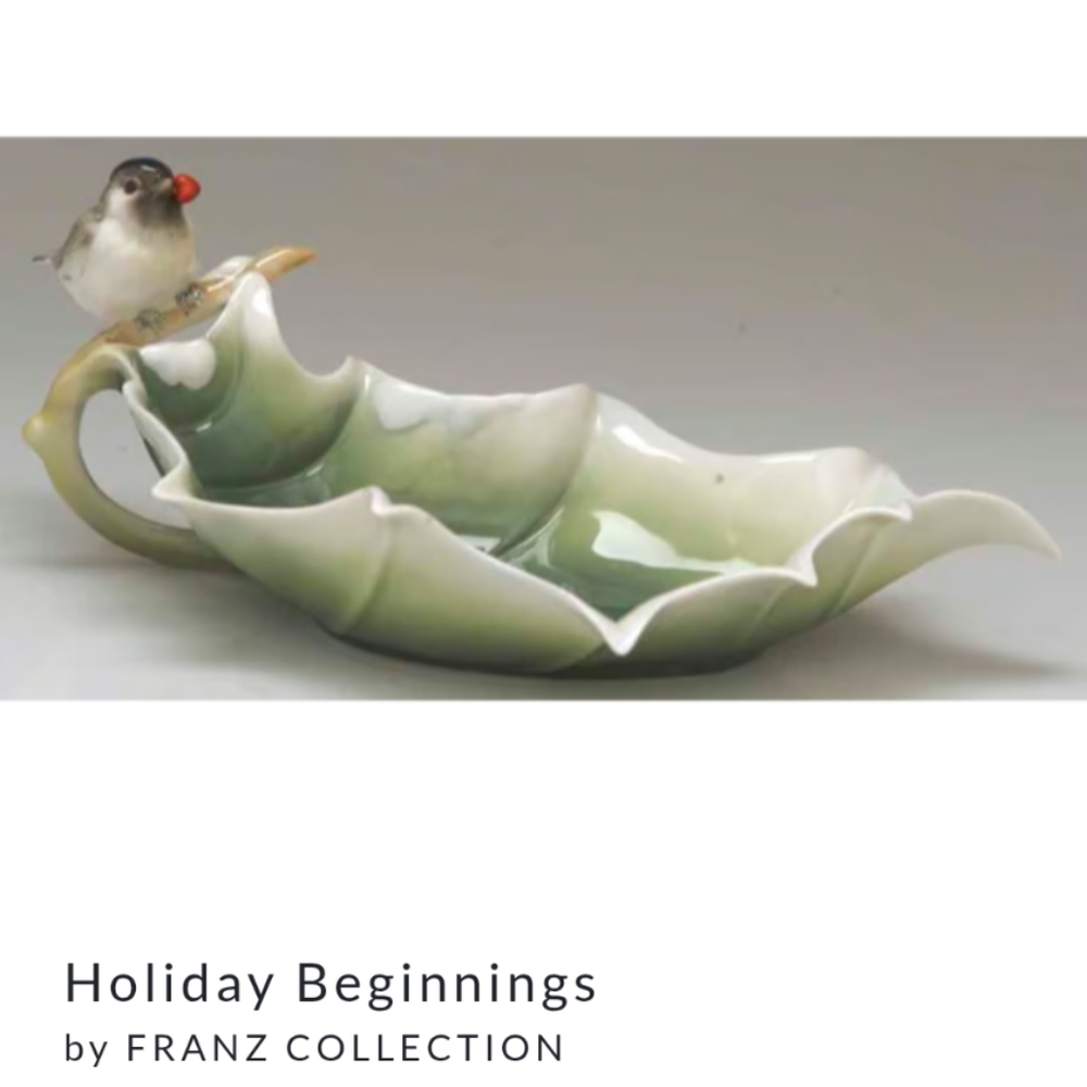 Franz Holiday Beginnings Chickadee Sculptured Porcelain Candy Dish Brand NIB